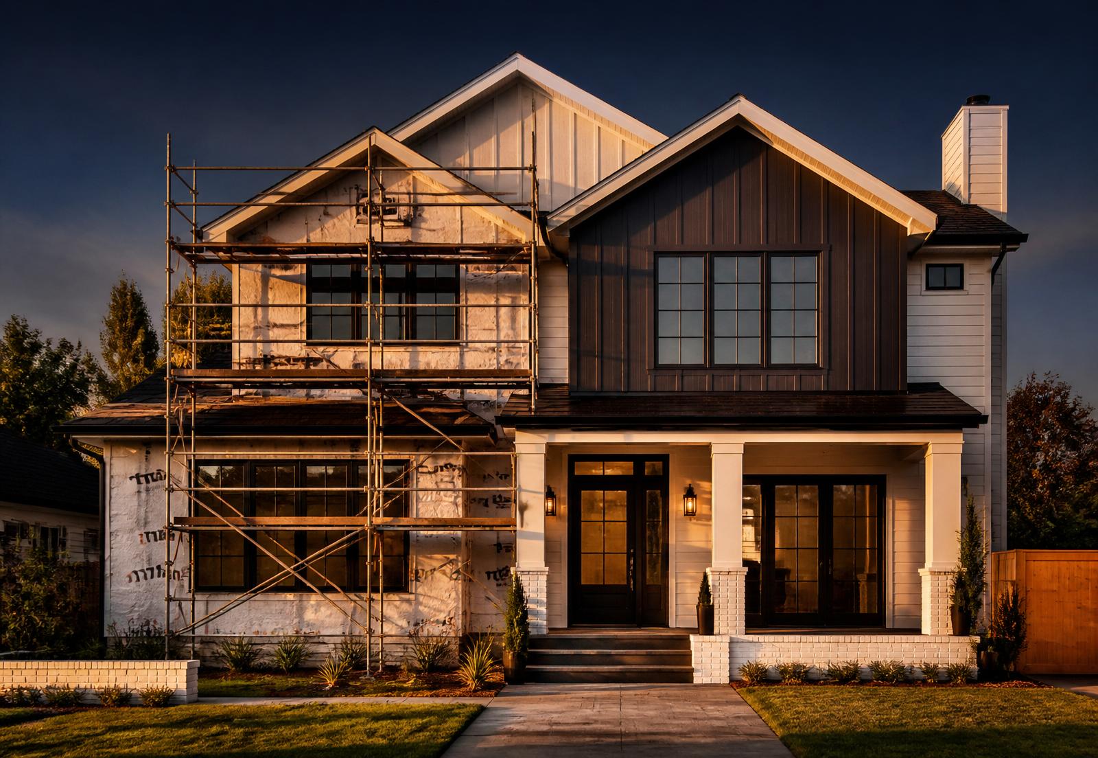 Suburban fix and flip property mid-renovation, half scaffolded and half finished at golden hour